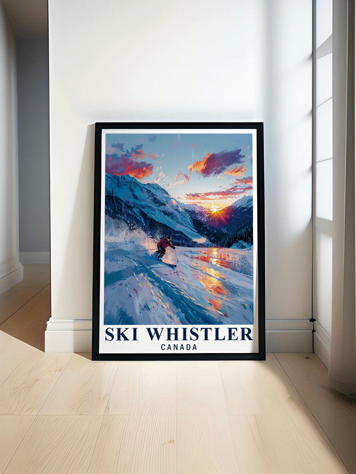 Featuring Whistler Ski Resorts picturesque landscape, this vintage inspired poster combines the thrill of skiing with the natural beauty of Canadas winter. Its a perfect way to remember your ski trips or to inspire future adventures.