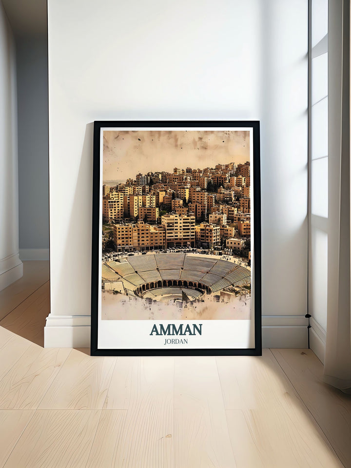 Beautiful Jordan Poster featuring the Roman Ampitheater and Jabal Al Jofeh capturing the vibrant essence of Amman city perfect for home decor and travel lovers seeking unique art prints and posters