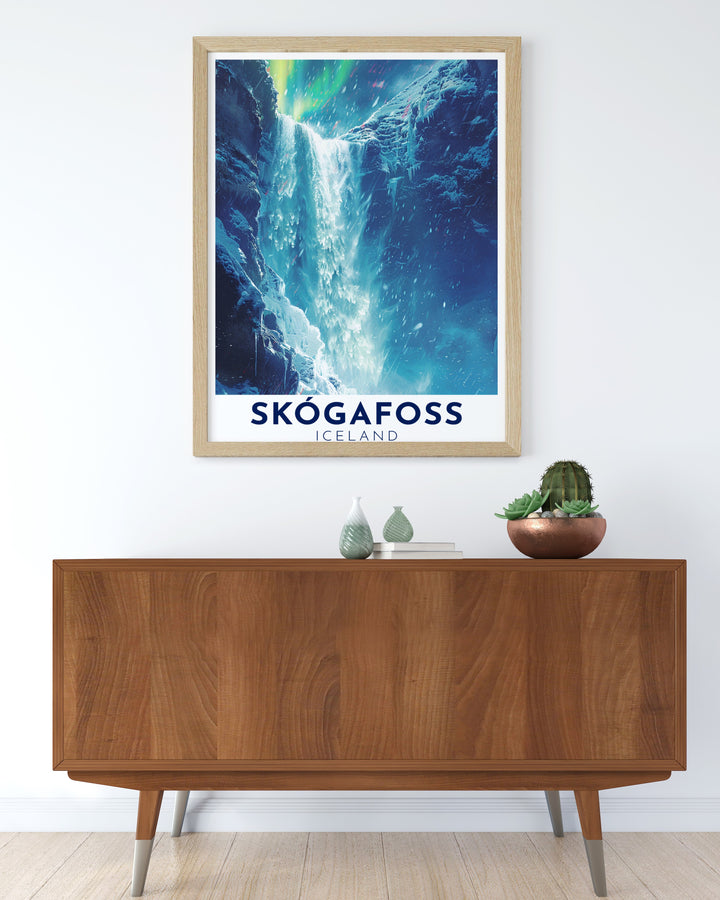 Elegant Skogafoss Waterfall Poster Print displaying the intricate details of the cascading water against Icelands rugged terrain featuring a vintage charm that serves as a memorable Iceland Souvenir and a perfect addition to your collection of Waterfall Framed Prints and Bucket List Prints