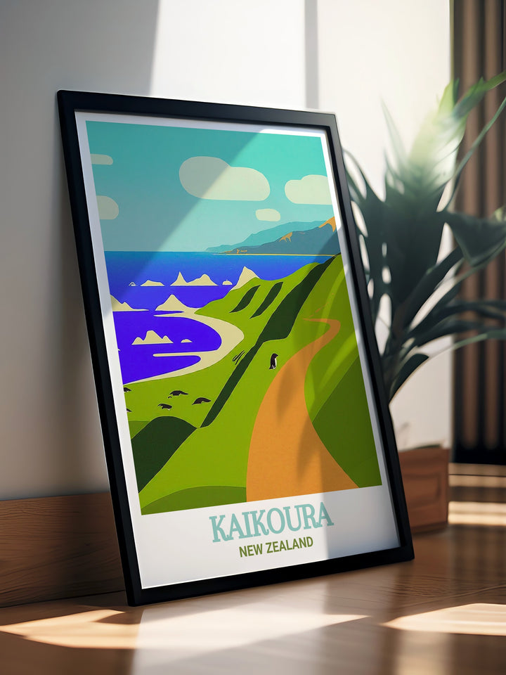 This canvas art piece presents a detailed view of the Kaikoura Peninsula Walkway, emphasizing the stunning contrast between the cliffs and the ocean. The artwork is a must have for anyone who appreciates the beauty of New Zealands natural landscapes.