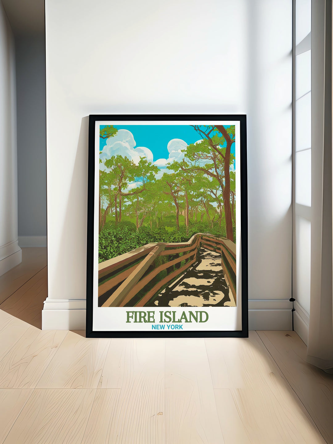 Fire Island wall art captures the essence of this coastal retreat, with its sandy shores and the tranquil Sunken Forest. This travel poster brings the beauty of New Yorks hidden treasures into your home, making it a perfect gift for beach and nature lovers.