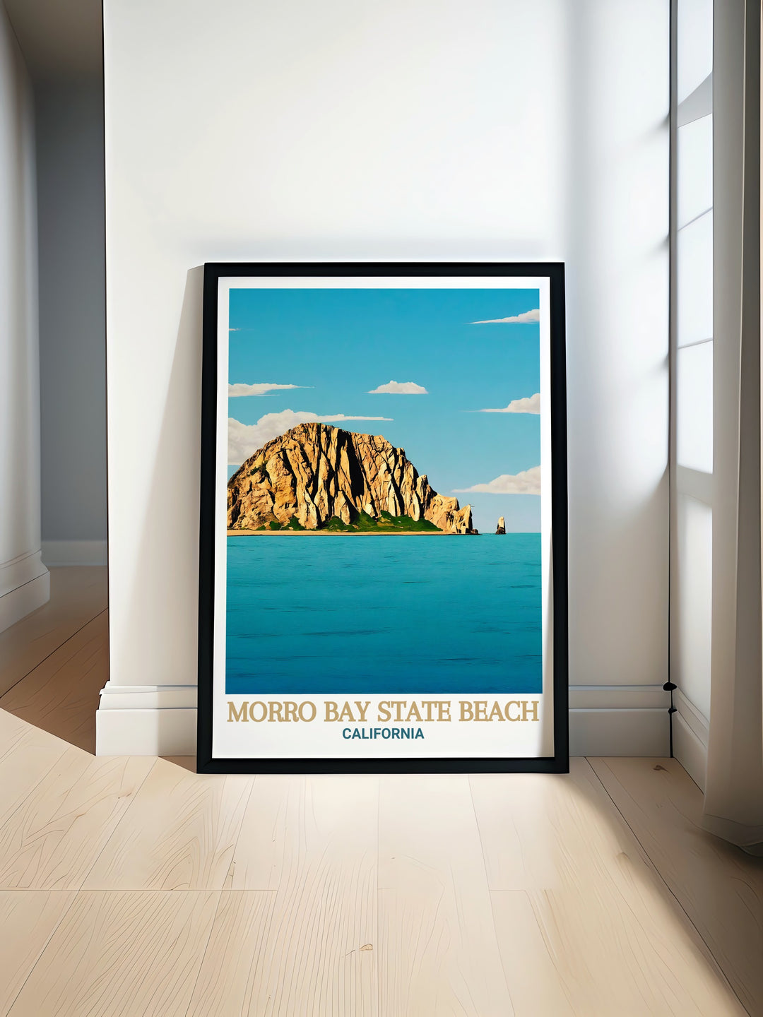 Experience the grandeur of Californias coast with this travel poster, featuring Morro Bay State Beach and the towering Morro Rock. The artworks detailed design and rich colors bring the beauty of this iconic destination to life.