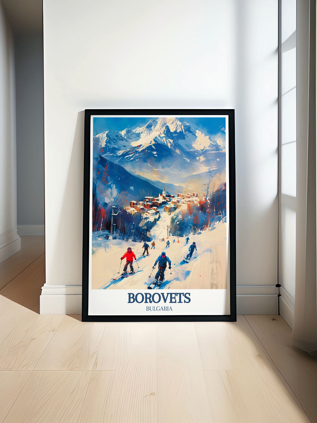 Unique artwork of Borovets featuring its lively resort area and the serene landscapes of Musala Peak, perfect for personalized gifts or home decor. This print captures the essence of Bulgarias alpine charm.