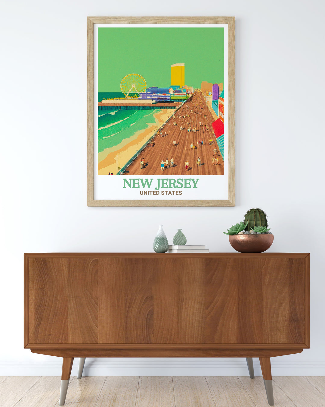 Atlantic City Boardwalk travel print featuring the iconic shoreline of New Jersey. Ideal for home decor and gifts. This artwork beautifully depicts the blend of seaside charm and lively boardwalk activities, making it a great addition to any space.