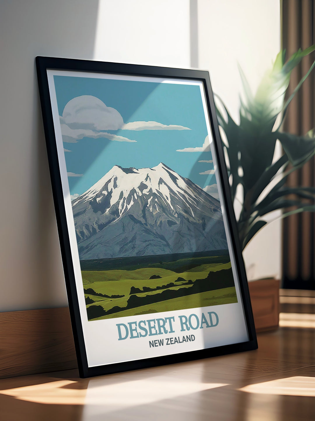 Desert Road Travel Print showcases a journey across endless terrains filled with vibrant colors making it a standout piece for your living room Mount Ruapehu Modern Art complements this with its breathtaking portrayal of towering peaks.