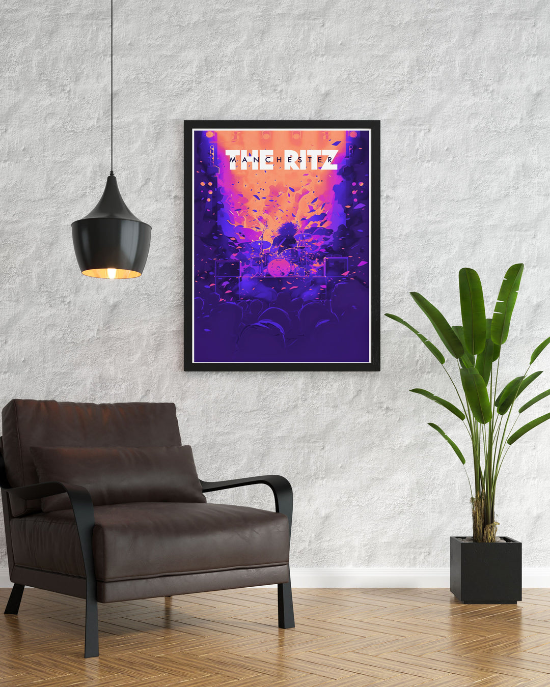 Bring the energy of Manchesters music scene into your home with this art deco travel print featuring The Ritzs stage. The vibrant design and rich history make this poster a great addition to any collection of music or architecture art.