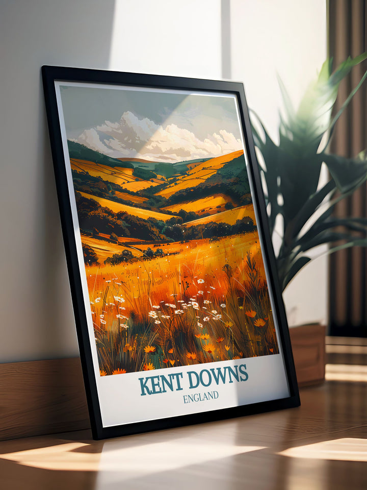 Stunning AONB travel print featuring the picturesque landscapes of Kent Downs Area of Outstanding Natural Beauty AONB perfect for creating a focal point in your decor with its rich details and vibrant hues.