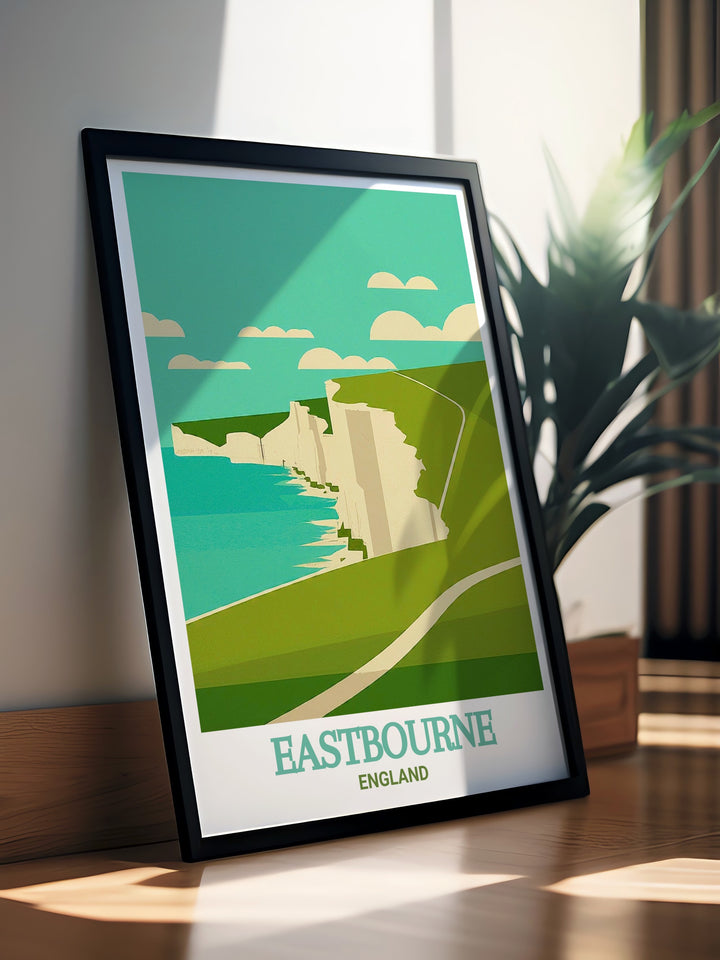 South Downs Way art print highlighting the natural beauty of Beachy Head, with its sweeping views and towering cliffs. Ideal for nature lovers, this artwork adds a sense of adventure and tranquility to any room.