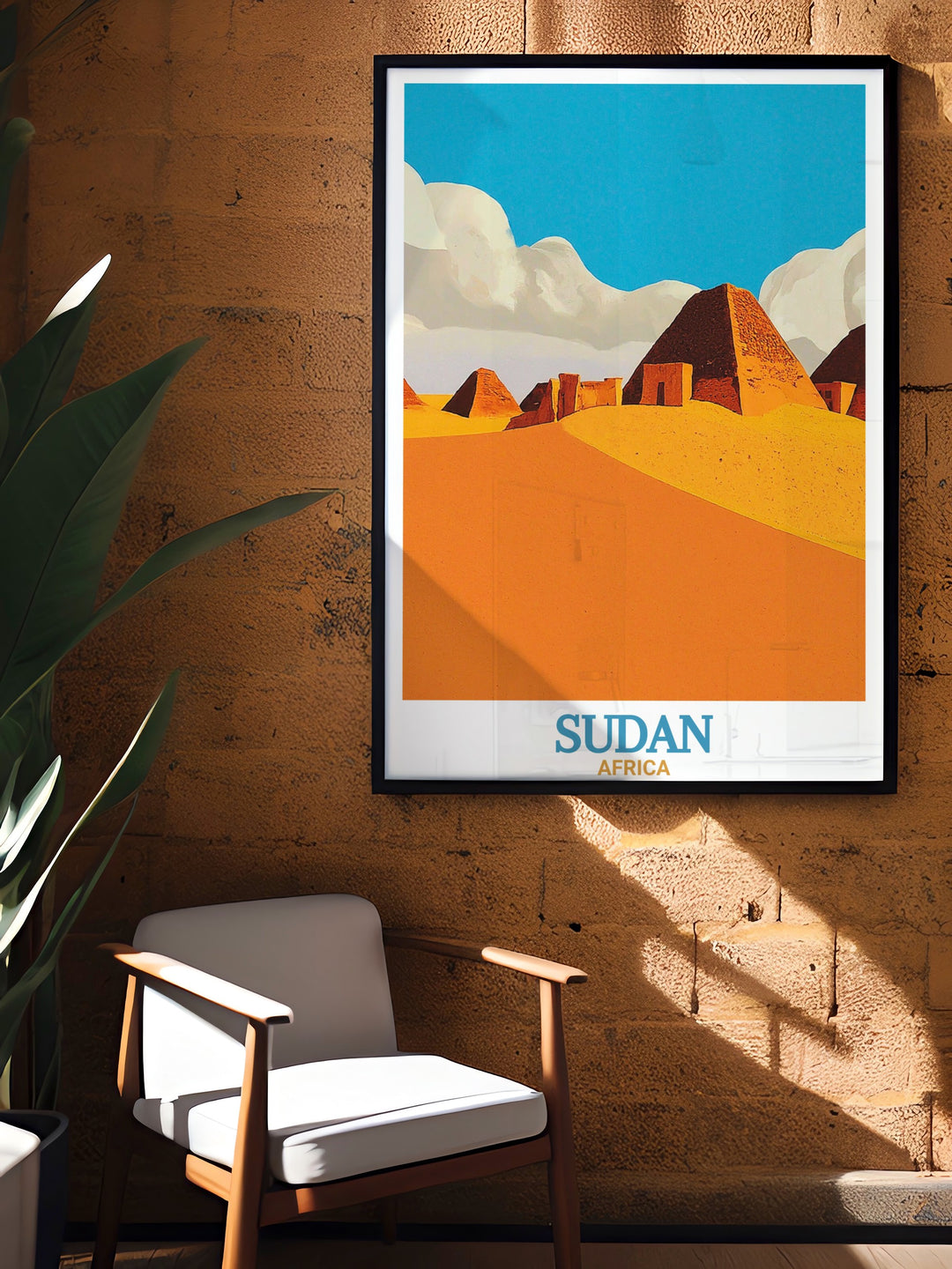 a poster of a desert scene hangs on a brick wall