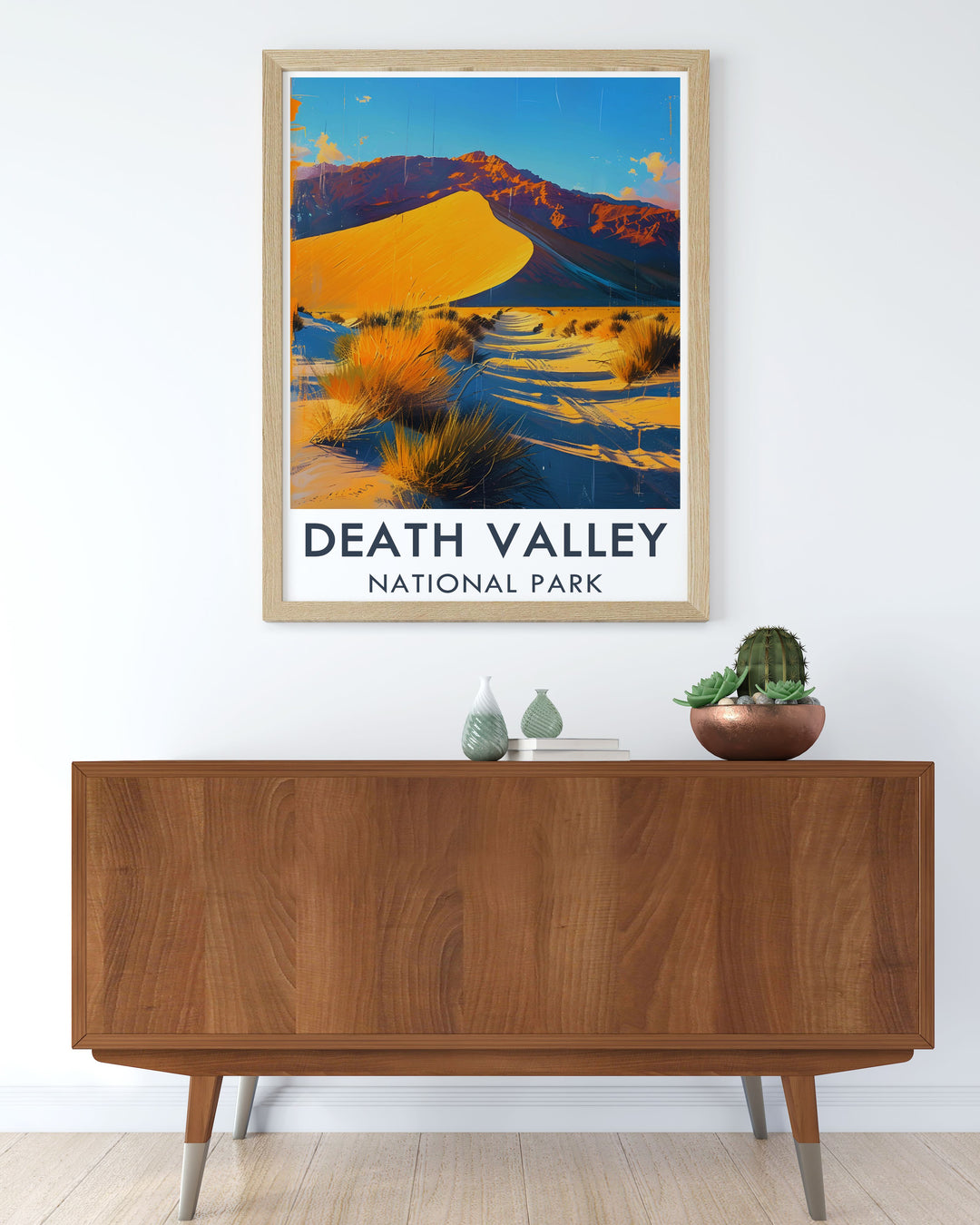 Framed art showcasing the serene beauty of the Mesquite Flat Sand Dunes in Death Valley, capturing the otherworldly landscape and the parks natural splendor.