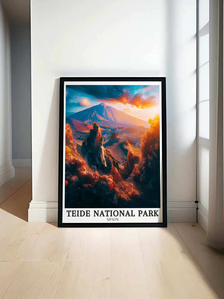 Celebrate Spains natural heritage with this travel poster print of Teide National Park, featuring the towering Teide Volcano and the rugged beauty of Roques de Garcia. This artwork is ideal for adding a touch of volcanic adventure to any home or office space.