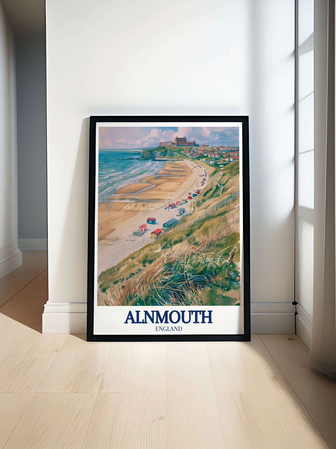 This stunning Alnmouth Beach poster print features the serene sands of the Northumberland Coast and captures the peaceful beauty of the North Sea. Perfect for beach lovers and coastal decor enthusiasts, this travel print is ideal for adding a touch of seaside charm to your living room or office.