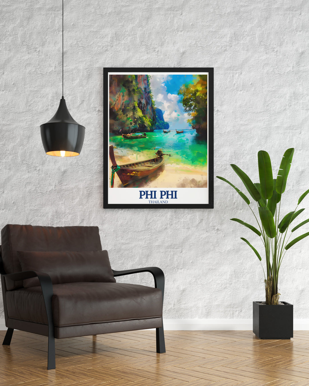 This tropical art print showcases the stunning natural beauty of Phi Phi Islands. From the crystal clear waters of Maya Bay to the iconic cliffs of Phi Phi Ley, this artwork is perfect for your home or as a gift for travelers.