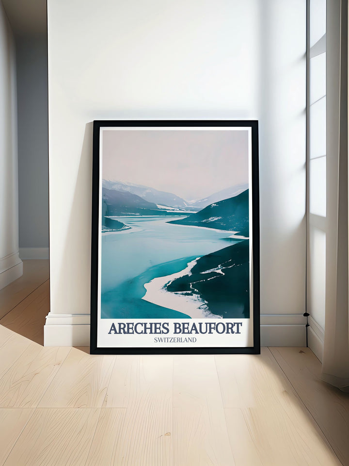 Areches Beaufort Ski Resort Poster featuring Le Planay Lac de Roselend is a beautiful vintage skiing print from the French Alps Ideal ski wall art for any home or collection this retro ski poster highlights the charm of Beaufortain and Les Saisies