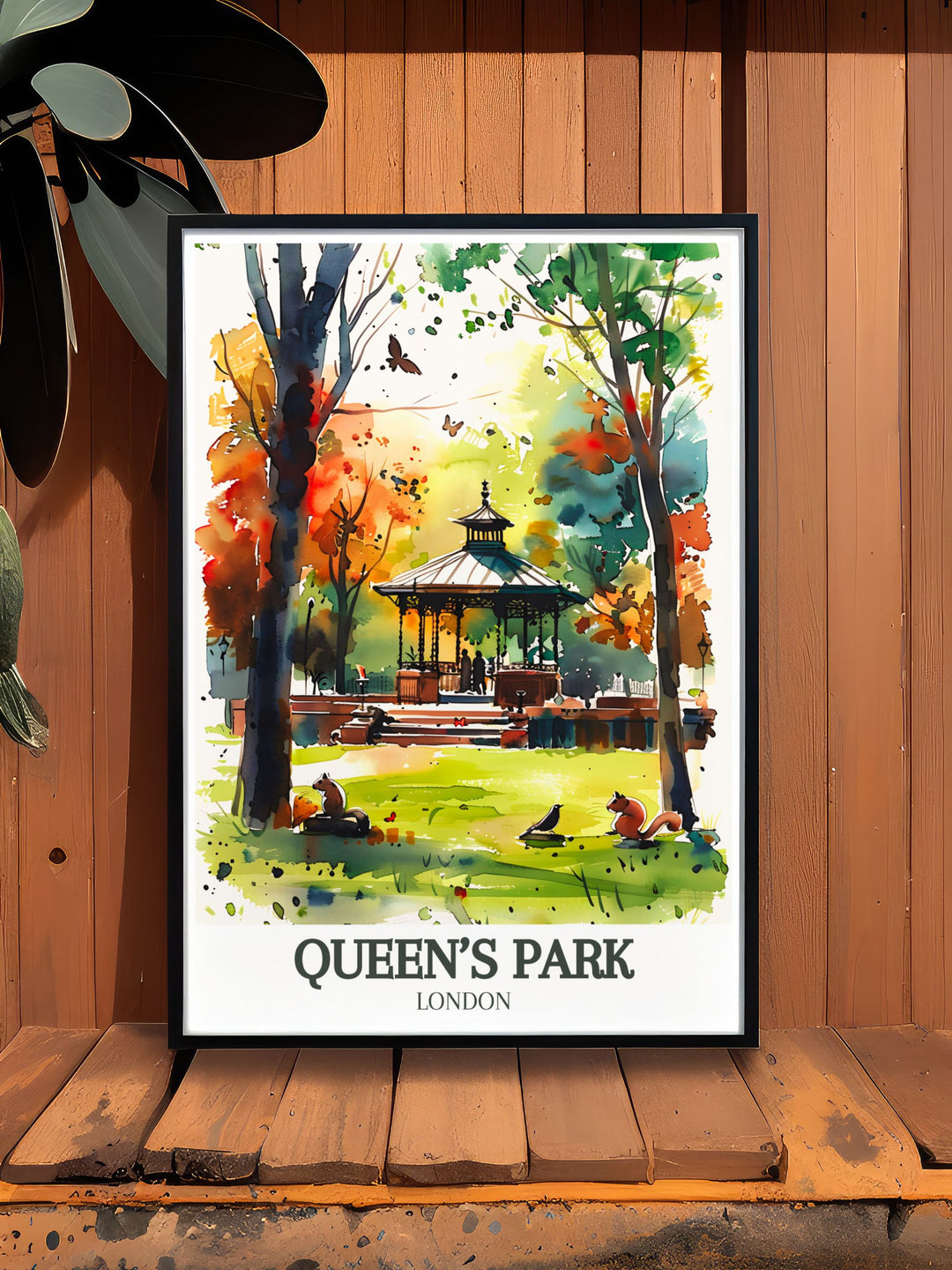 Queens Park Poster featuring the picturesque Queens Park Bandstand and the vibrant scenery of Kensal Green London ideal for those who love vintage London prints