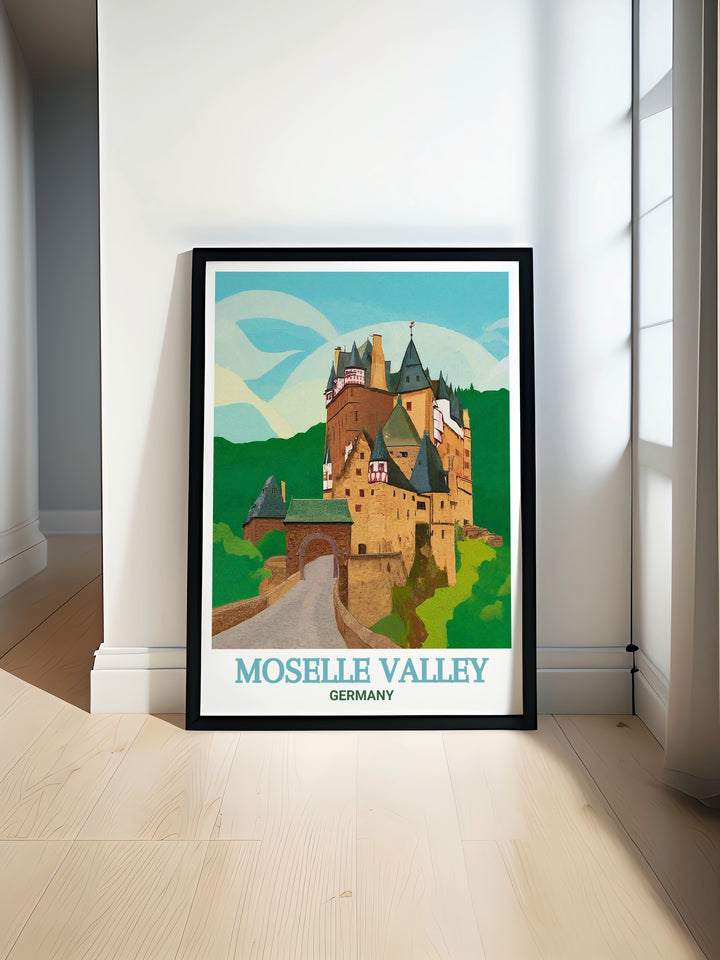 Moselle Valley art poster featuring Burg Eltz brings the beauty of Germany into your home. This Germany wall art is perfect for adding elegance to your decor and makes an ideal gift for those who appreciate stunning landscapes and historical landmarks.