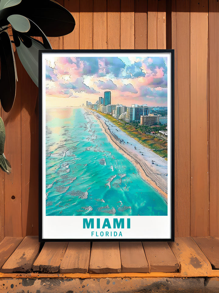 This South Beach Travel Poster brings Miamis vibrant beach scene into focus, combining tropical beauty with the modern charm of Miamis renowned style. A must have for anyone looking to capture the energy of Floridas coastline.