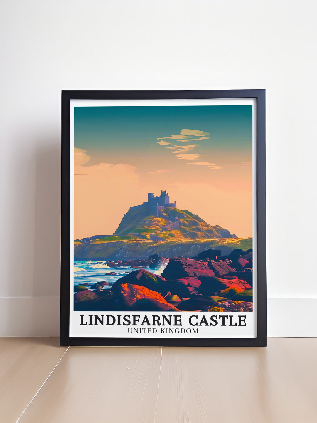 North Sea Travel Poster depicting the dramatic coastline of Holy Island, with Lindisfarne Castle as the centerpiece. This poster captures the wild beauty of Northumberland, ideal for those who appreciate coastal scenery and historical landmarks.