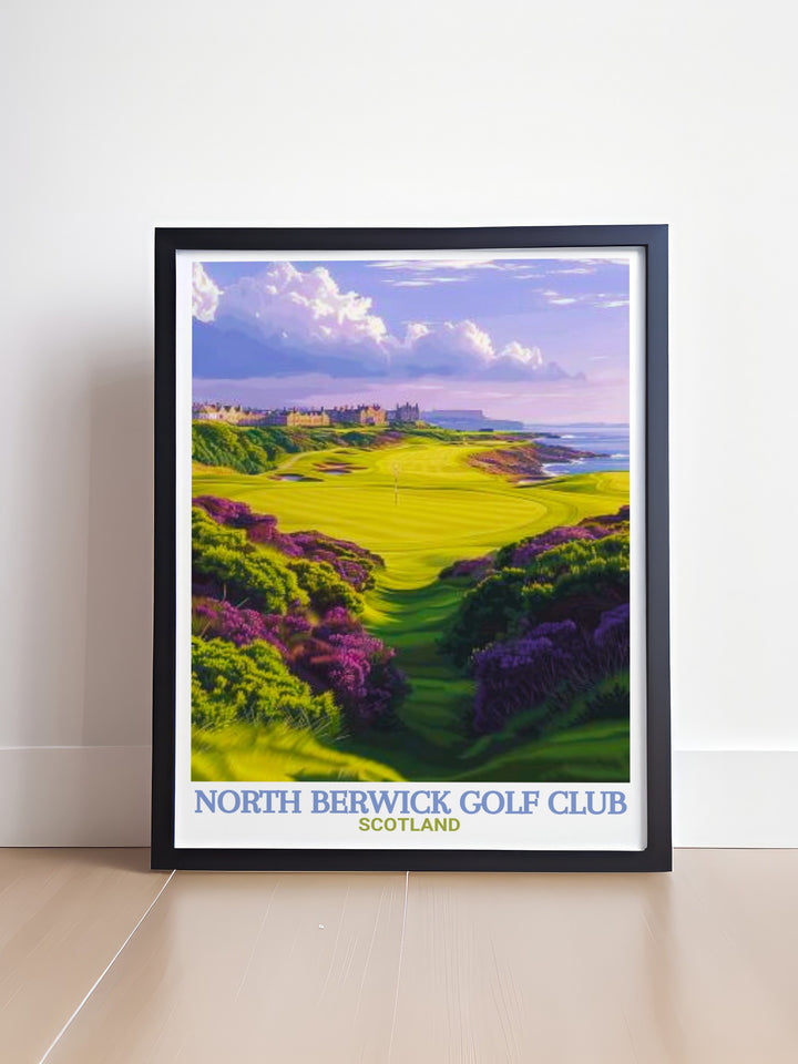 North Berwick Golf Club Travel Poster displaying the lush, green golf course set against the backdrop of Scotlands majestic coastline. This print is designed to bring the beauty and history of Scottish golf into your home, perfect for golfers or those who cherish scenic art.