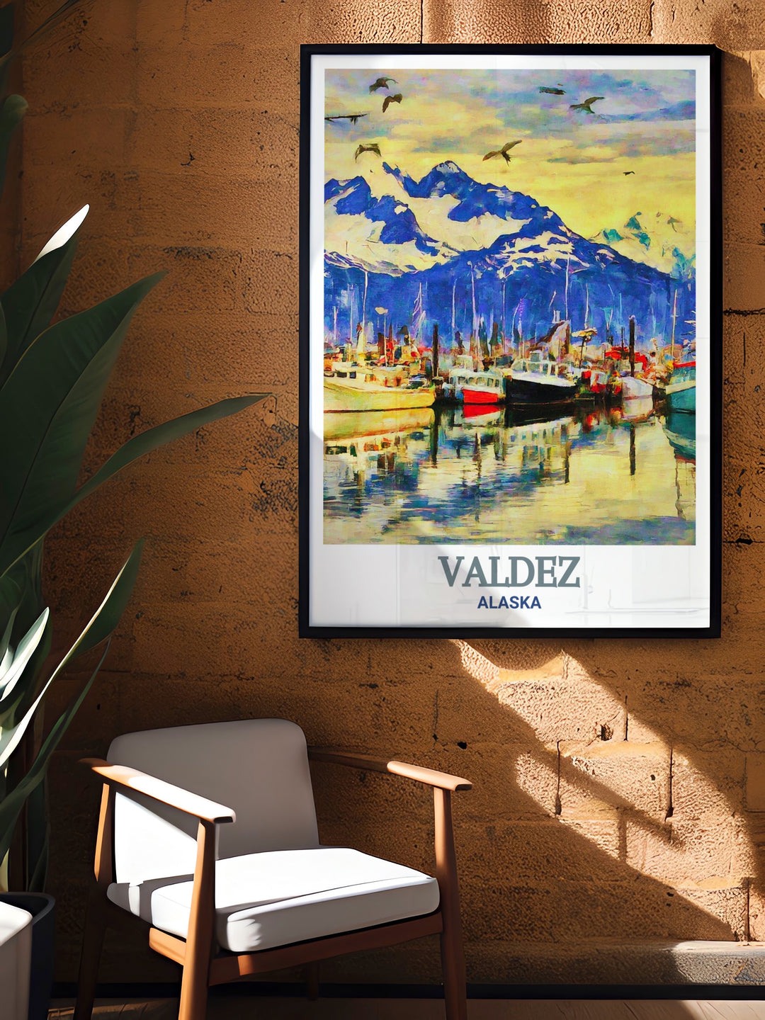 Explore Alaskas pristine wilderness with this travel poster featuring Valdez Harbor. The calm waters and majestic mountain views make this artwork a stunning addition to any space, perfect for those who admire Alaskas unspoiled landscapes.