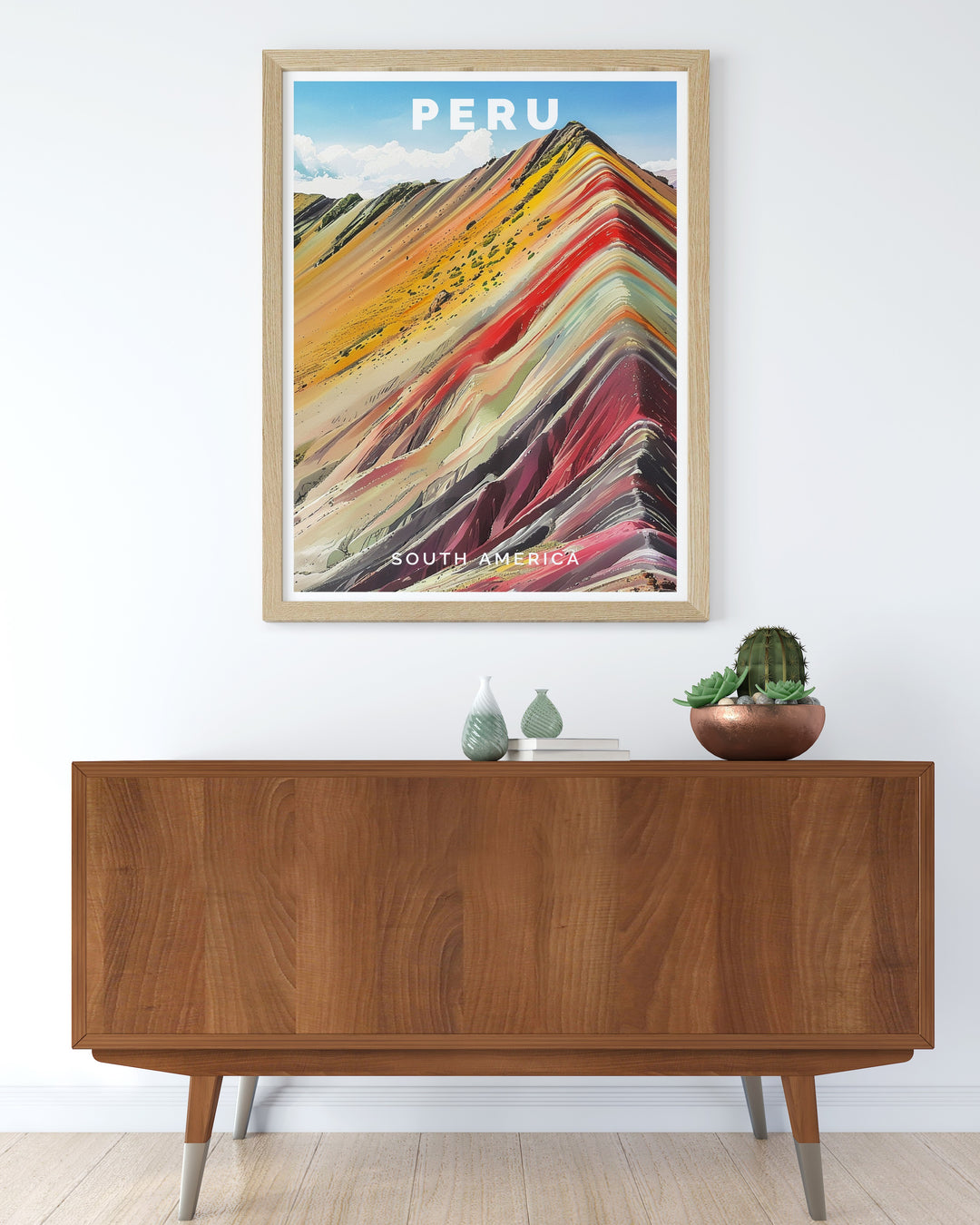 Detailed art print of Perus Rainbow Mountains, highlighting their natural rainbow hues and breathtaking landscapes. This poster also includes a view of Lima, providing a balance between the countrys natural wonders and its vibrant urban life.