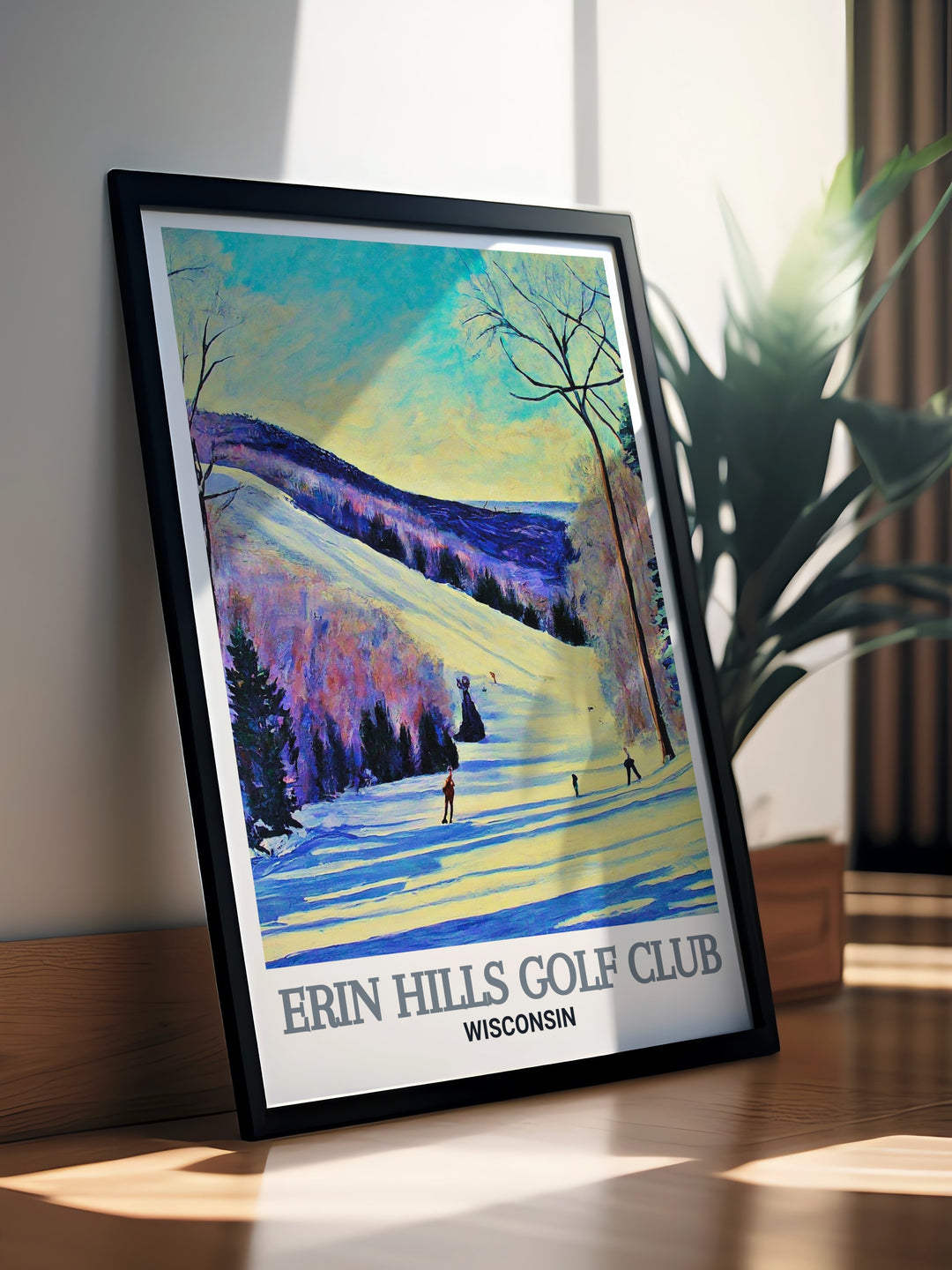 This travel poster features Erin Hills Golf Club and Little Switzerland Ski Area, showcasing the stunning landscapes of both landmarks. The artwork brings together the beauty of golf and the thrill of skiing, making it a unique addition to any room.