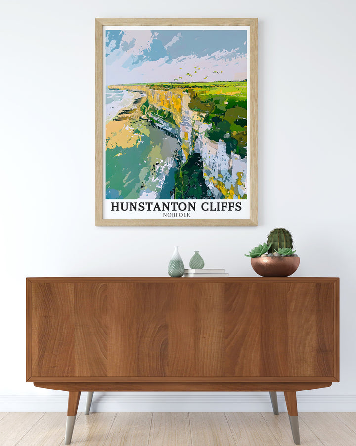 Hunstanton Cliffs travel poster offering a detailed view of one of Englands most iconic natural landmarks. This print captures the stunning layers of the cliffs and the surrounding coastal landscape, perfect for adding a bold statement piece to your home décor.