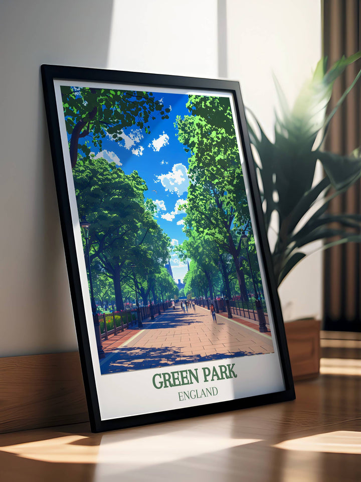 Framed print of Green Park London with a focus on the Princess of Wales Memorial Walk, capturing the essence of Londons Royal Parks in stunning detail.