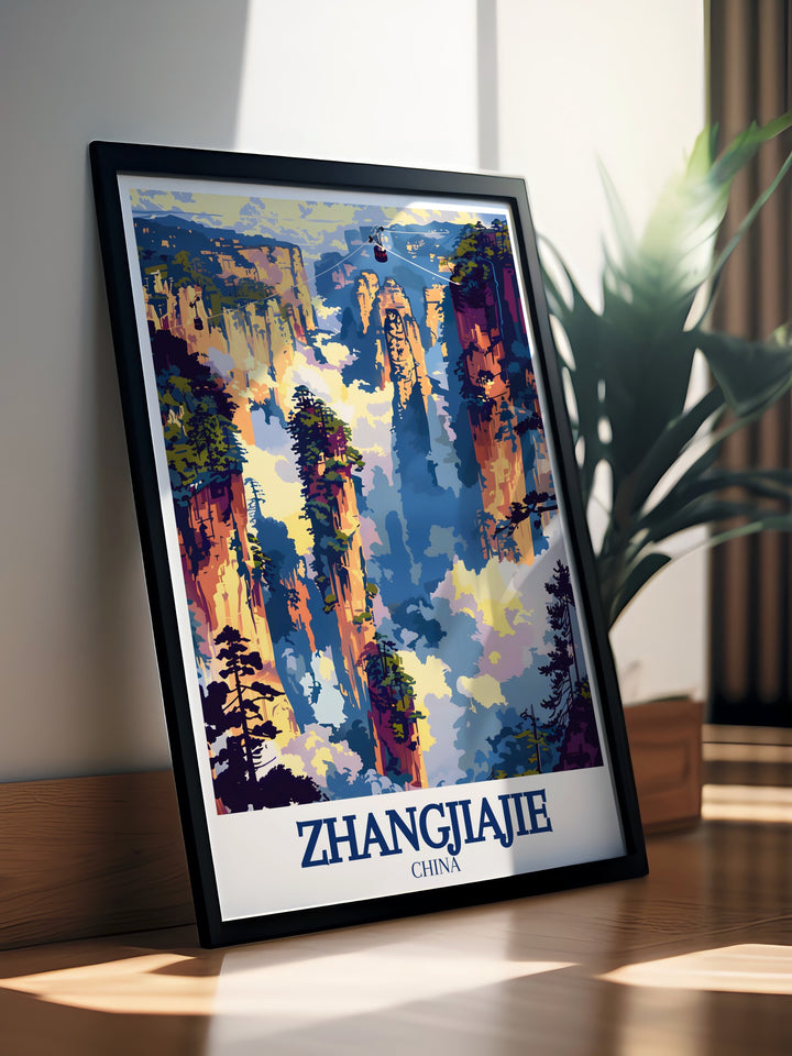 A canvas art print highlighting Zhangjiajies majestic sandstone peaks, surrounded by lush greenery. This scenic artwork encapsulates the serene beauty of the famous Zhangjiajie National Forest in China, making it the perfect addition to any nature inspired home decor or office space.