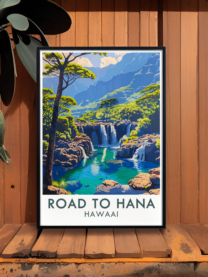 Transform your space with Sacred Pools Modern Art and Hawaii Travel Prints featuring the scenic Road to Hana perfect for adding a touch of elegance and tranquility to any room