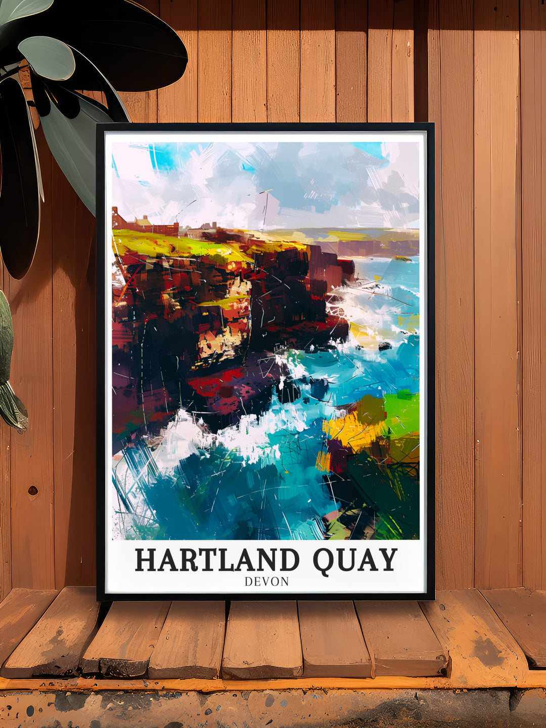 Hartland Quay travel print featuring the rugged cliffs and dramatic coastal views of one of Devons most beautiful spots. This artwork brings the wild beauty of the sea and the cliffs into your home, ideal for those who love the power and majesty of the coastline.