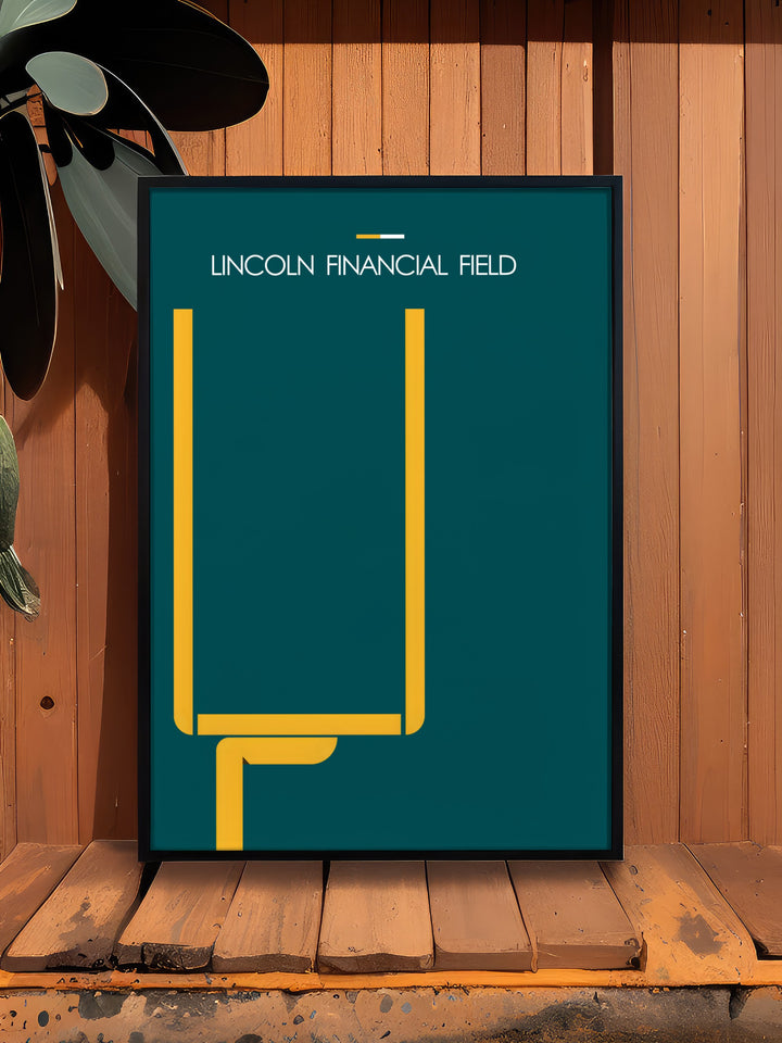 Lincoln Financial Field modern sports poster perfect for fans of the Philadelphia Eagles. This football art piece is designed to complement any room and makes a great gift for him her or anyone who loves NFL football and stylish decor.