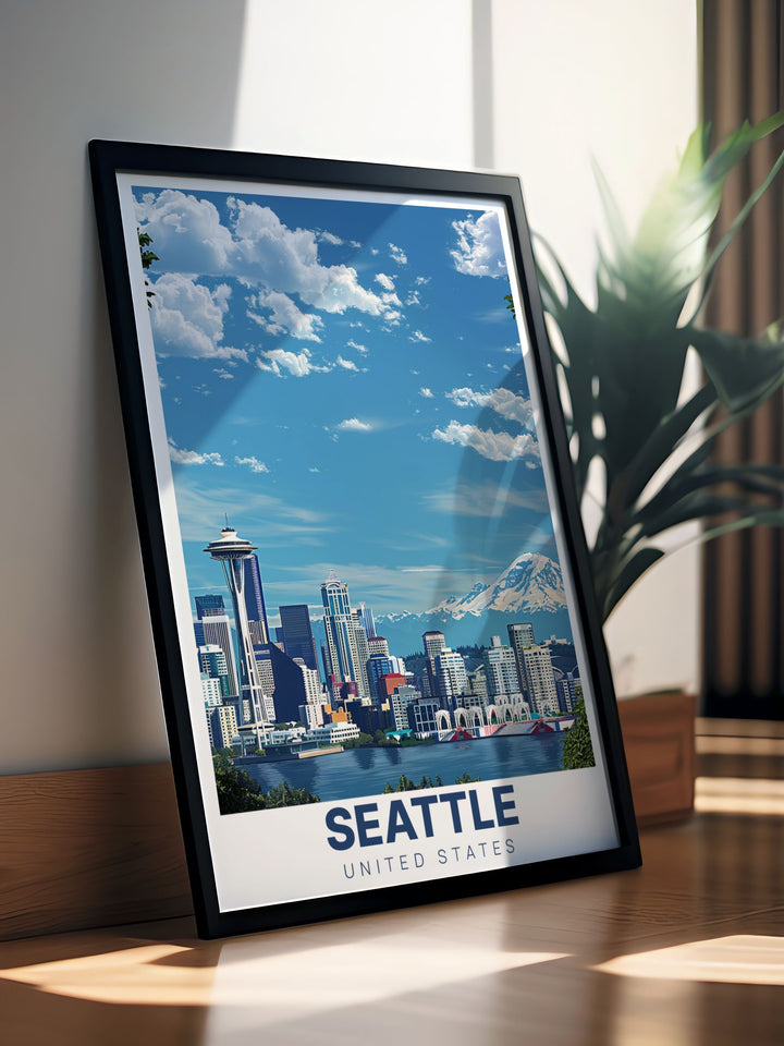 Seattle Poster featuring Skyline from Kerry Park with a breathtaking cityscape view. A modern print that captures the beauty of Seattles skyline in a stylish and sophisticated way.