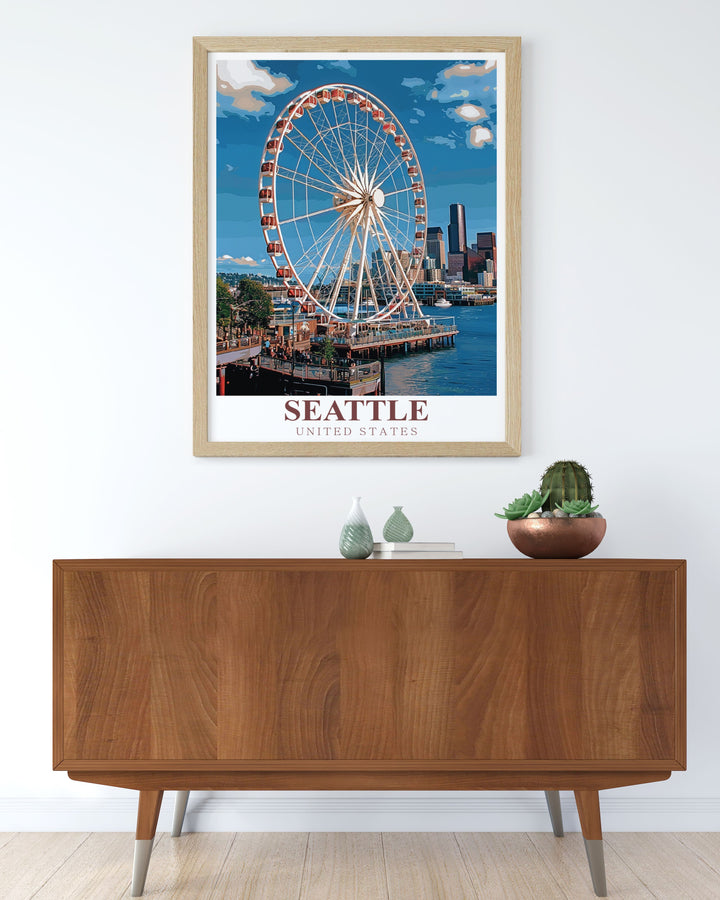 Elegant Seattle Home Decor with Great Wheel Modern Prints. Features a captivating depiction of Seattles skyline and the iconic Great Wheel. This artwork provides a unique and sophisticated addition to home decor, enhancing the beauty of living spaces with a modern touch that celebrates the essence of the Pacific Northwest.