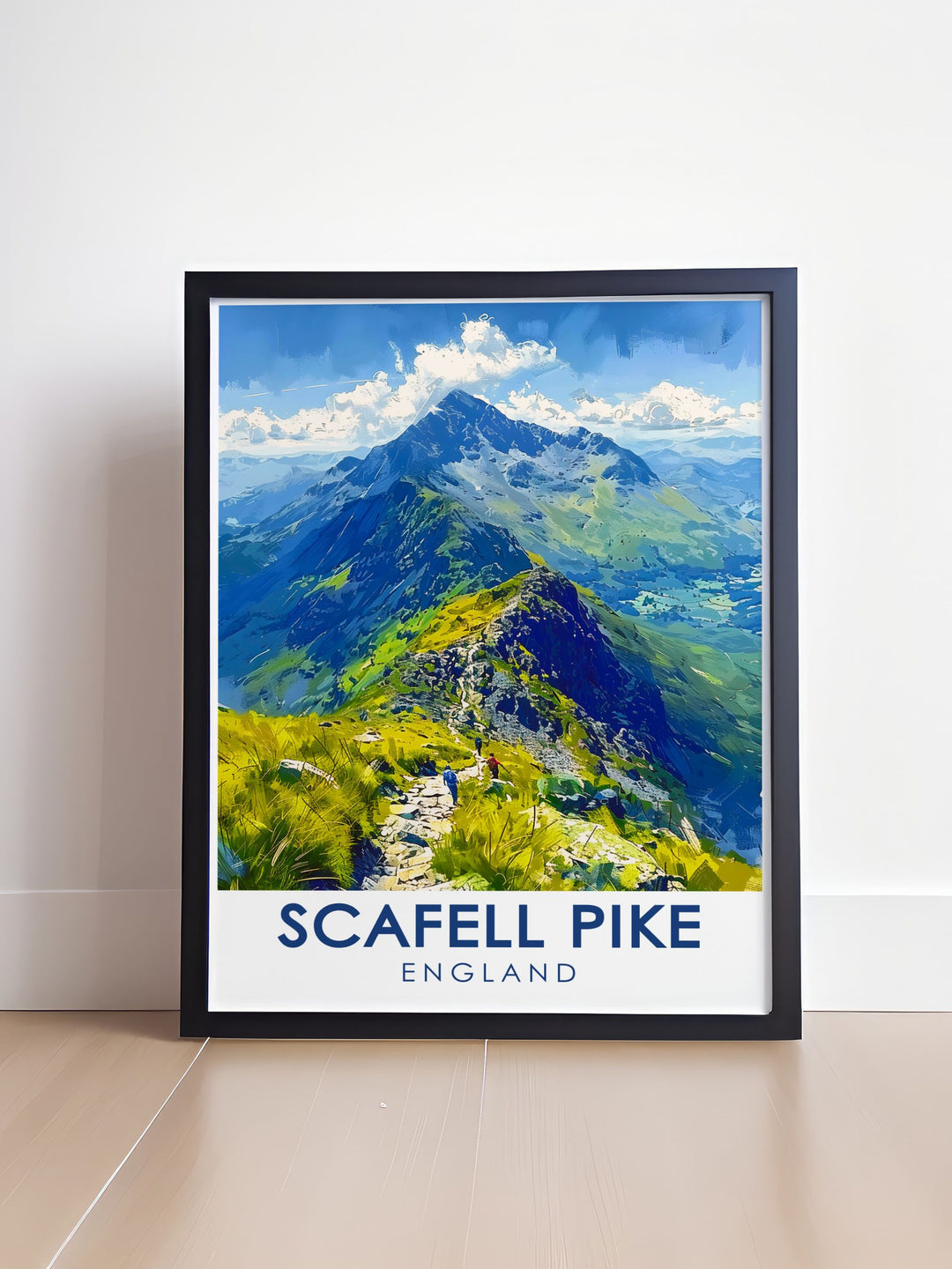 Beautiful travel poster of Scafell Pike, showcasing the rugged terrain and breathtaking views of Englands iconic mountain, perfect for nature lovers and hiking enthusiasts.