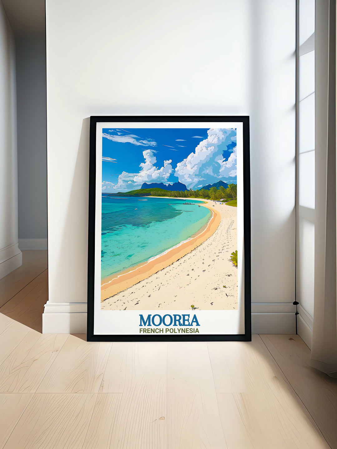 This Moorea Poster Print captures the breathtaking beauty of Mooreas coastline, featuring the iconic Temae Beach and the surrounding tropical landscape of French Polynesia. Perfect for adding a serene island vibe to your home, this print is ideal for travel lovers and art collectors.