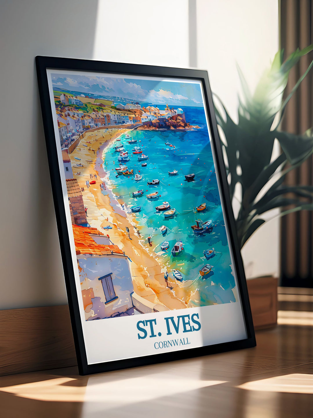 The historic town of St. Ives and the picturesque Porthmeor Beach are beautifully illustrated in this poster, celebrating the charm and beauty of Cornwall.