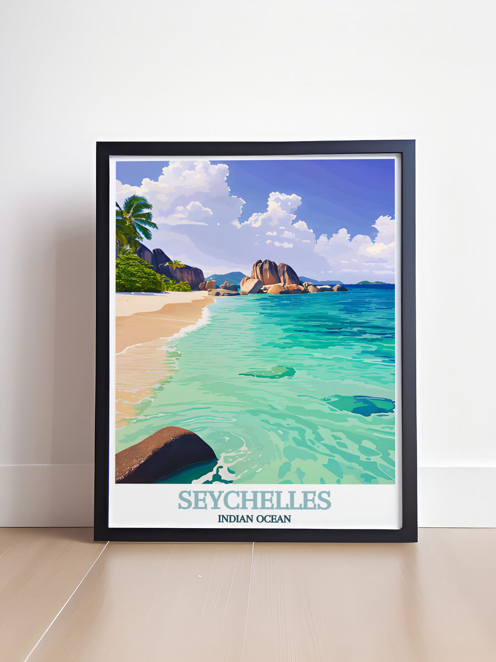 Featuring the vibrant scenery of Anse Source dArgent in Seychelles, this travel poster is perfect for those who love exploring tropical destinations and appreciating the beauty of nature.