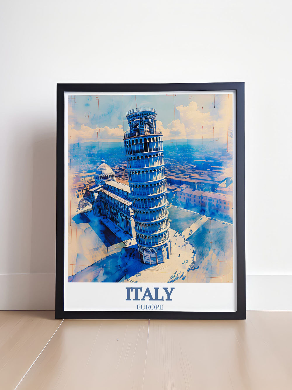 An exquisite poster print featuring the Leaning Tower of Pisa, showcasing its iconic tilt against a clear blue sky. This artwork captures the unique charm of this architectural marvel, perfect for any lover of Italian culture and history.