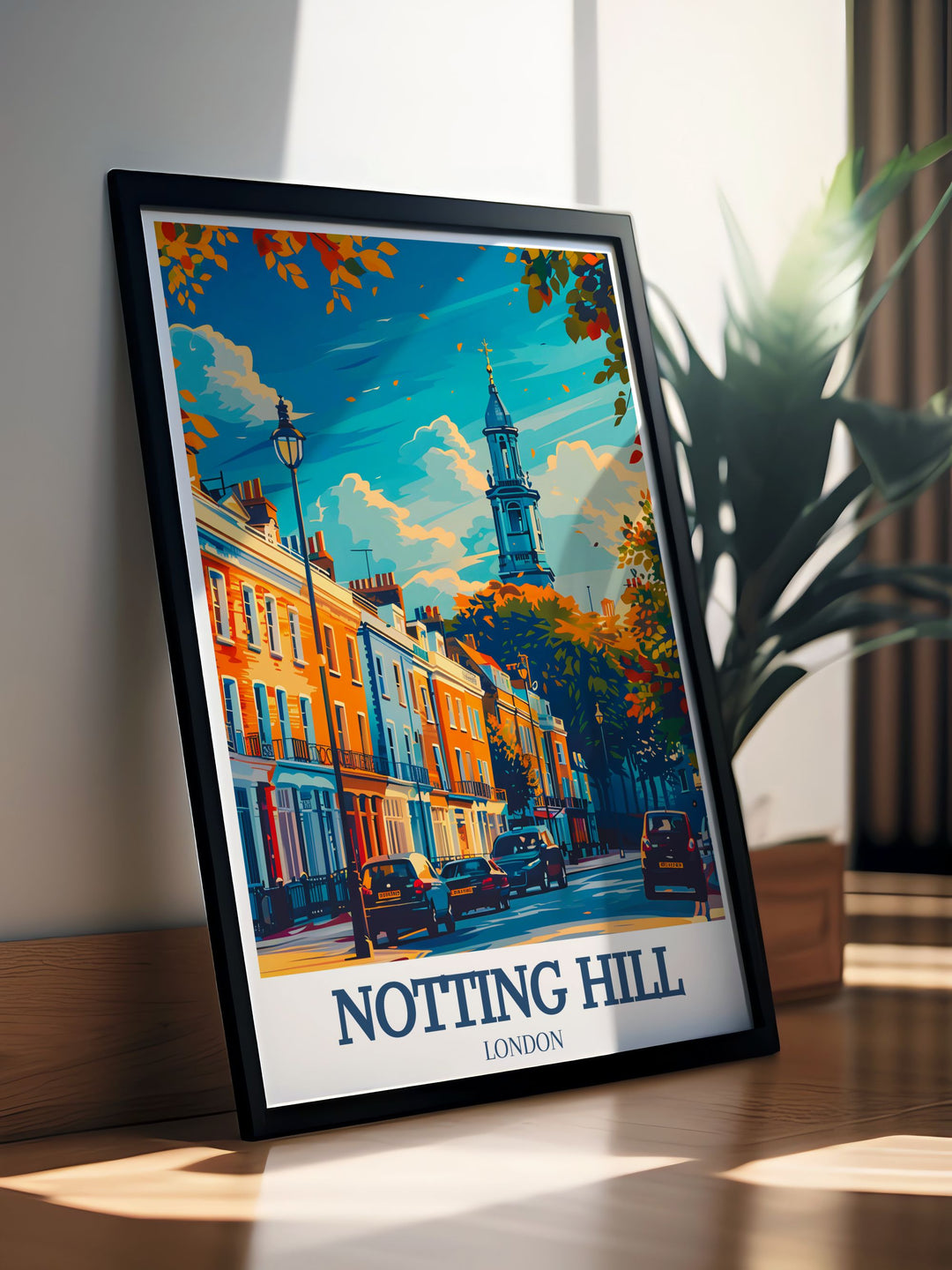 London travel poster featuring Notting Hill Gate Village and St. Peters Church ideal for decorating your home with the vibrant streets of Portobello Market and the classic architecture of West London a perfect print for lovers of British art and culture