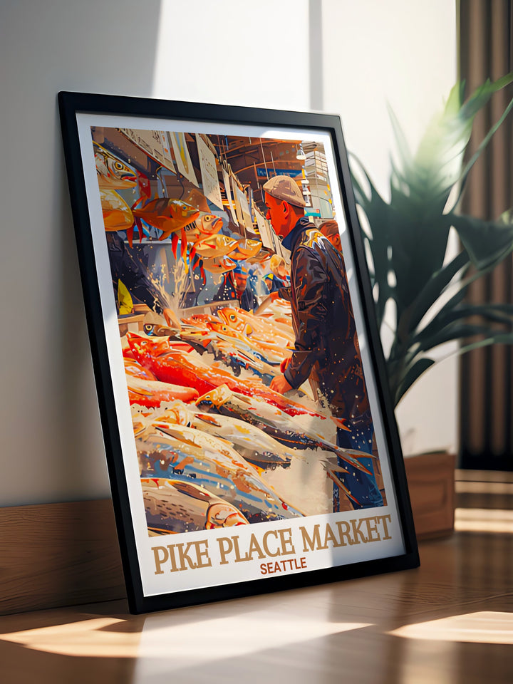 Vintage poster of Seattles Pike Place Market offering a timeless view of the bustling market and its picturesque surroundings ideal for travel enthusiasts includes the famous Pike Place Fish Market known for its fresh seafood and entertaining fishmongers