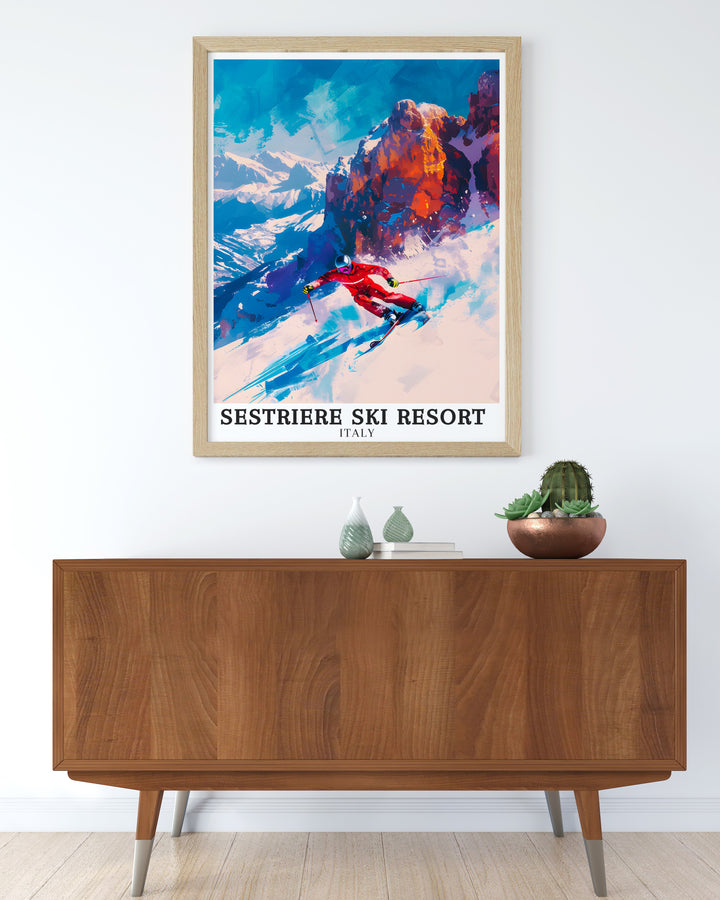 Sestriere Vialattea Ski Area art print featuring stunning slopes and charming village scenes. Ideal for those who love skiing, snowboarding, and the Italian Alps.