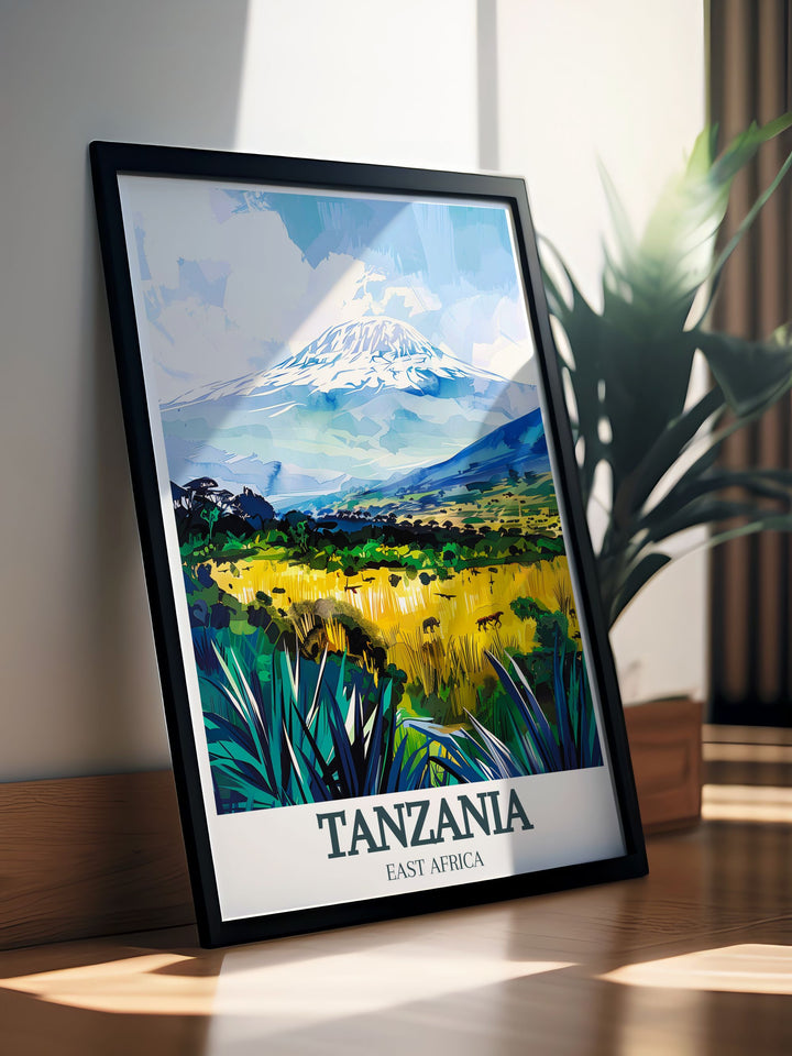 Serengeti Poster showcasing the incredible giraffes and wildlife with Mount Kilimanjaro Arusha National Park Wall Art creating a timeless addition to your living room decor perfect for anyone with a love for African landscapes and safari adventures.