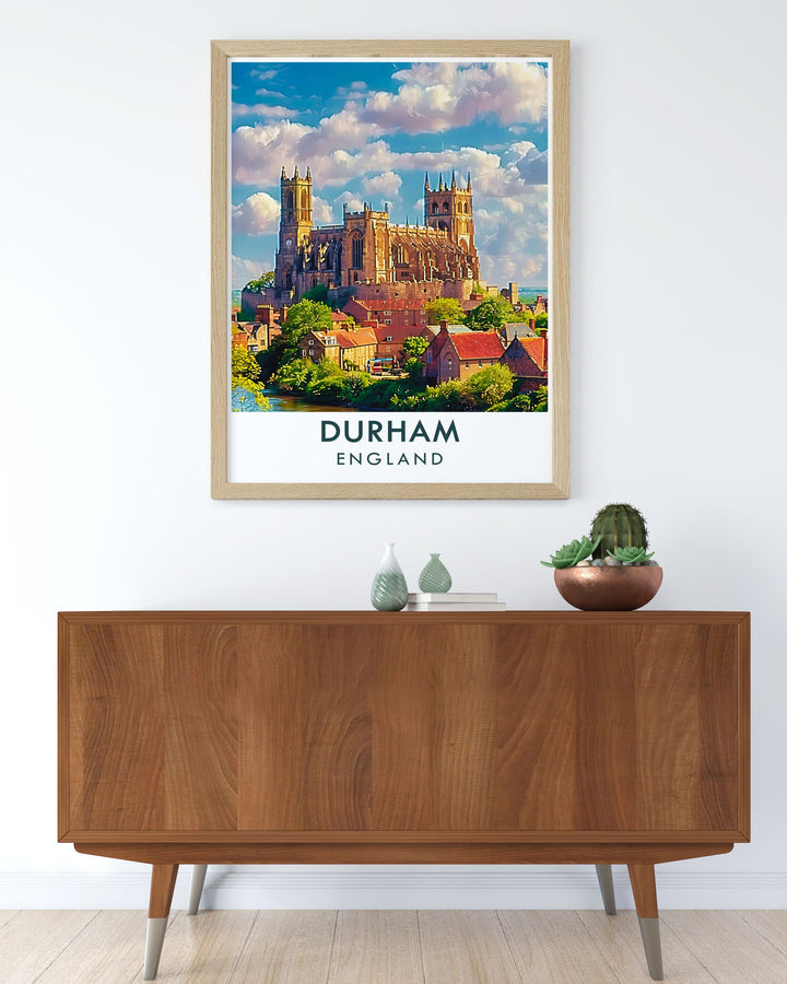 Durhams enchanting skyline is depicted in this poster, celebrating the historical and architectural splendor of Durham Cathedral, perfect for adding a touch of English charm to your home.