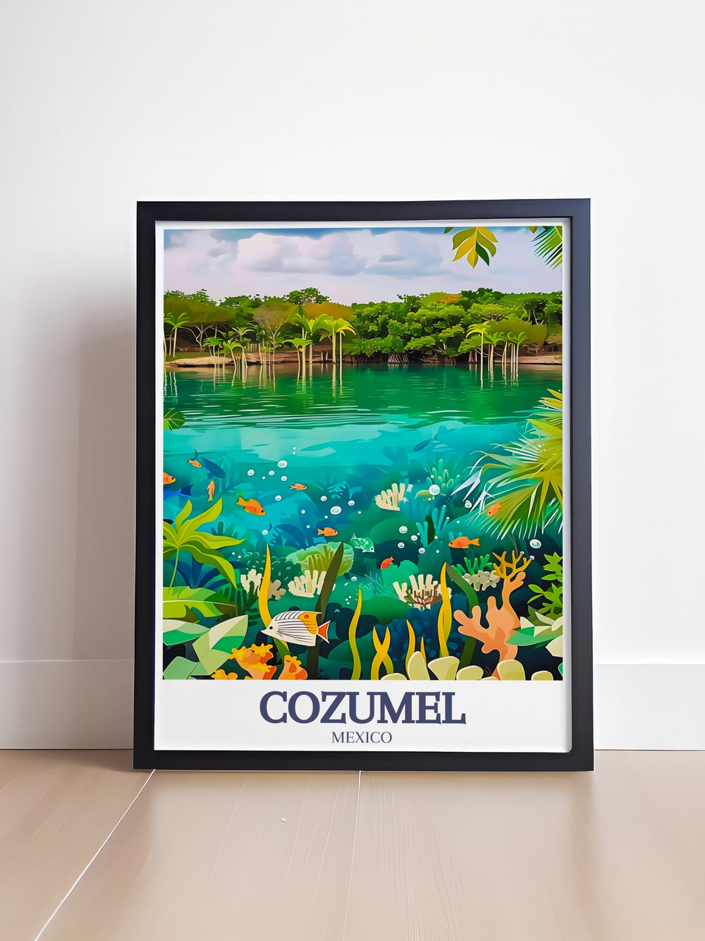 Stunning Cozumel Wall Art showcasing Palancar Reef and Chankanaab National Park. The vibrant colors and tropical scenery make this artwork an excellent addition to your home or office bringing a touch of Mexicos coastal beauty to any space.