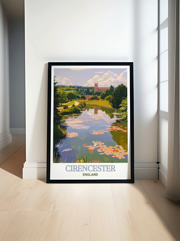 Add a piece of English history to your decor with this Cirencester travel print, featuring the Abbey Grounds, a central part of the towns charm, ideal for any room in your home.