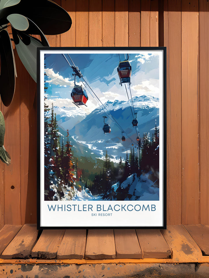 Whistler Blackcomb vintage ski poster featuring the Peak 2 Peak Gondola, perfect for enhancing your space with a touch of adventure and the beauty of British Columbias iconic ski resort.