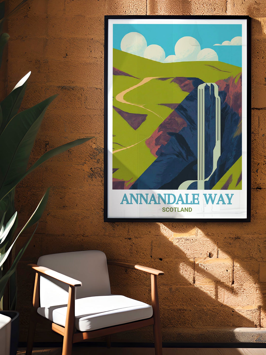 Scotland Hiking Art featuring Annandale Way and Grey Mares Tail showcasing the natural beauty of Scotlands great trails this art print is a wonderful addition to any home and a thoughtful gift for hikers and outdoor enthusiasts