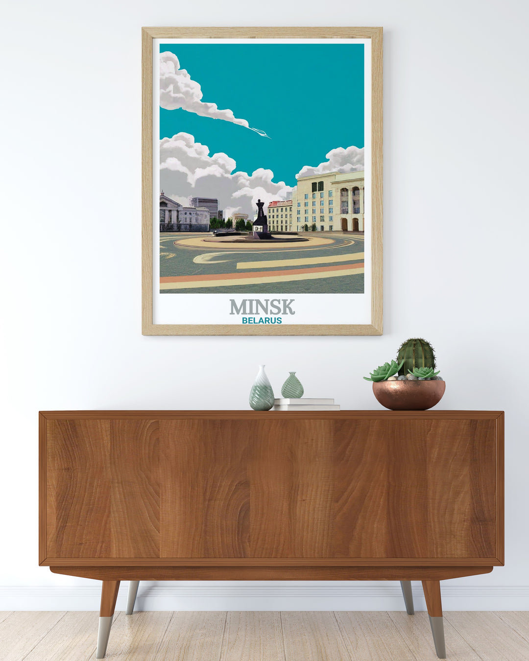 This framed art piece captures the heart of Minsk with a stunning portrayal of Independence Square. The minimalist design and vibrant colors make this Belarus travel poster perfect for home décor or as a thoughtful gift for lovers of architecture and travel.