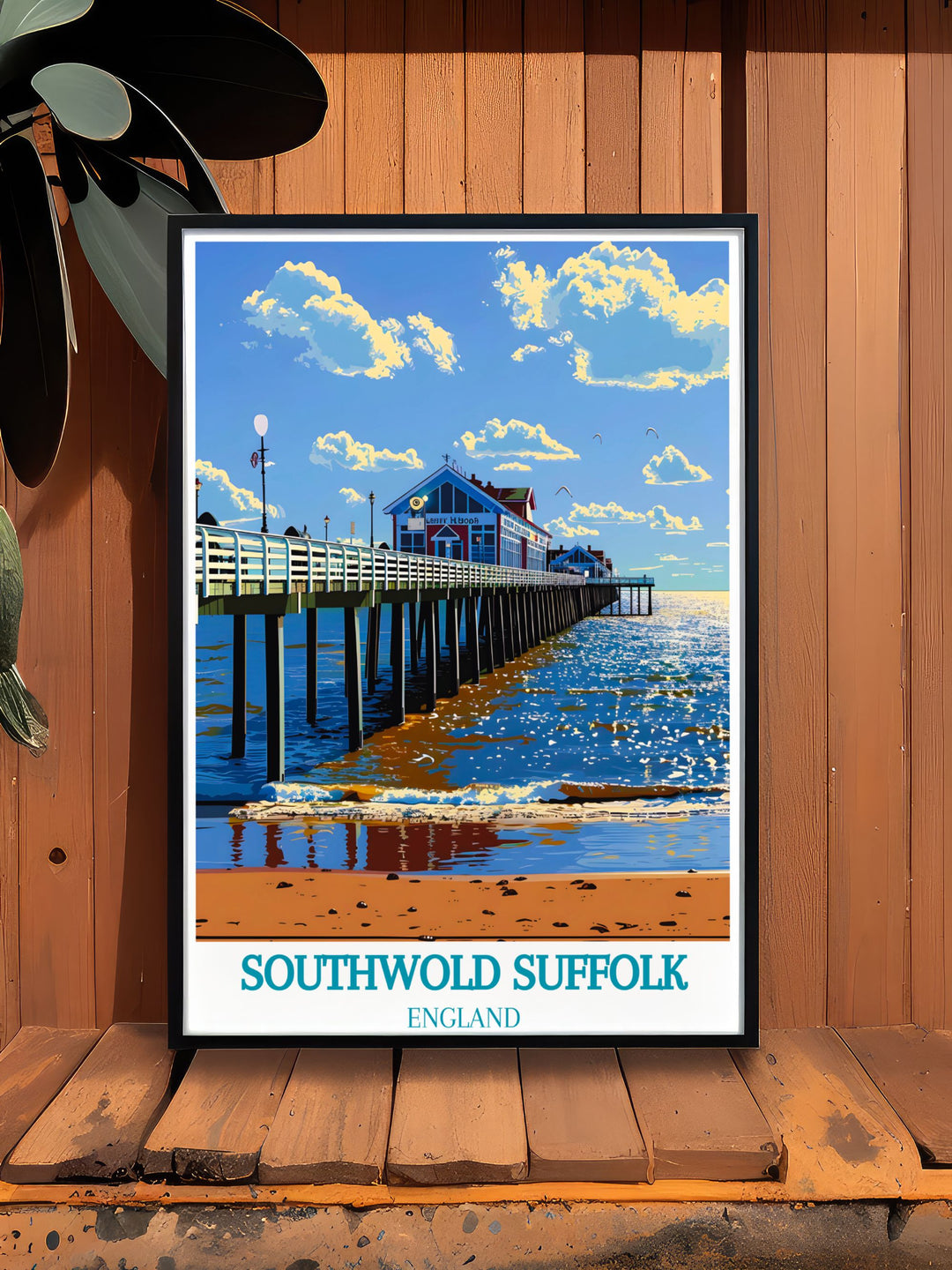 Embrace the coastal beauty and historical heritage of Southwold with this travel poster, depicting the pier and the charming Edwardian architecture.